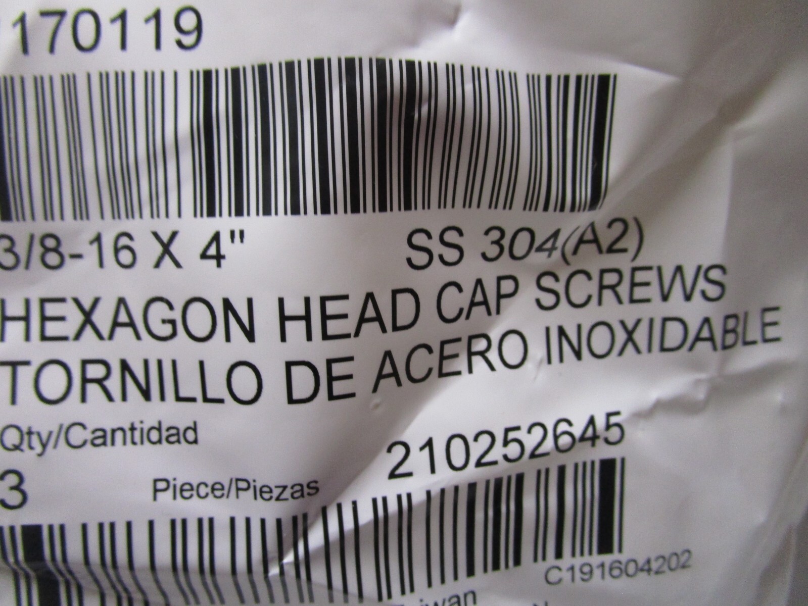 3/8"-16 x 4" ASTM F593 18-8 Stainless Steel Hex Cap Screw QTY 3