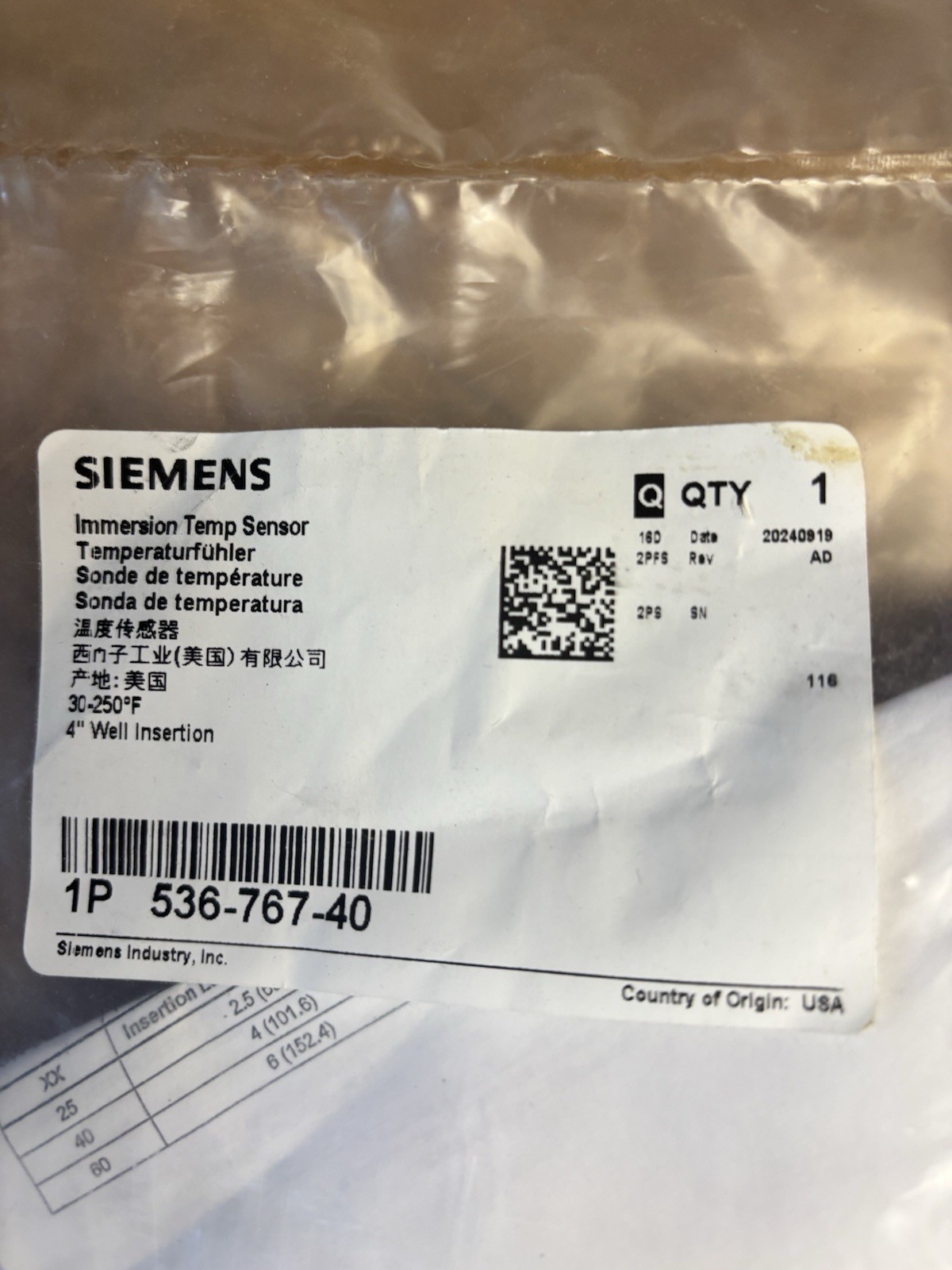 Siemens 536-767-40 Immersion Temperature Sensor 4" Well Insertion