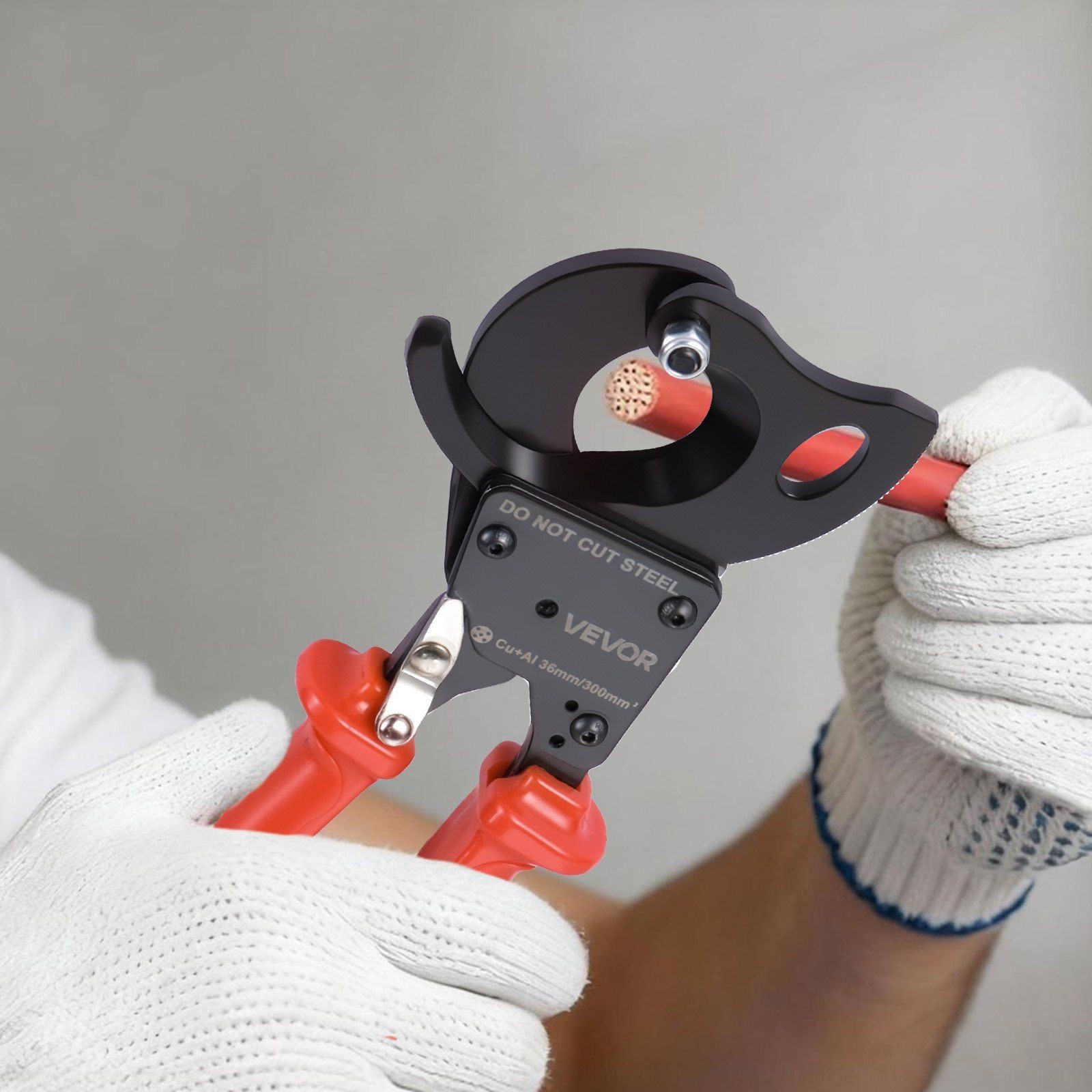 Spring Steel Ratcheting Cable Cutter with PVC Handles & Quick-Release Button
