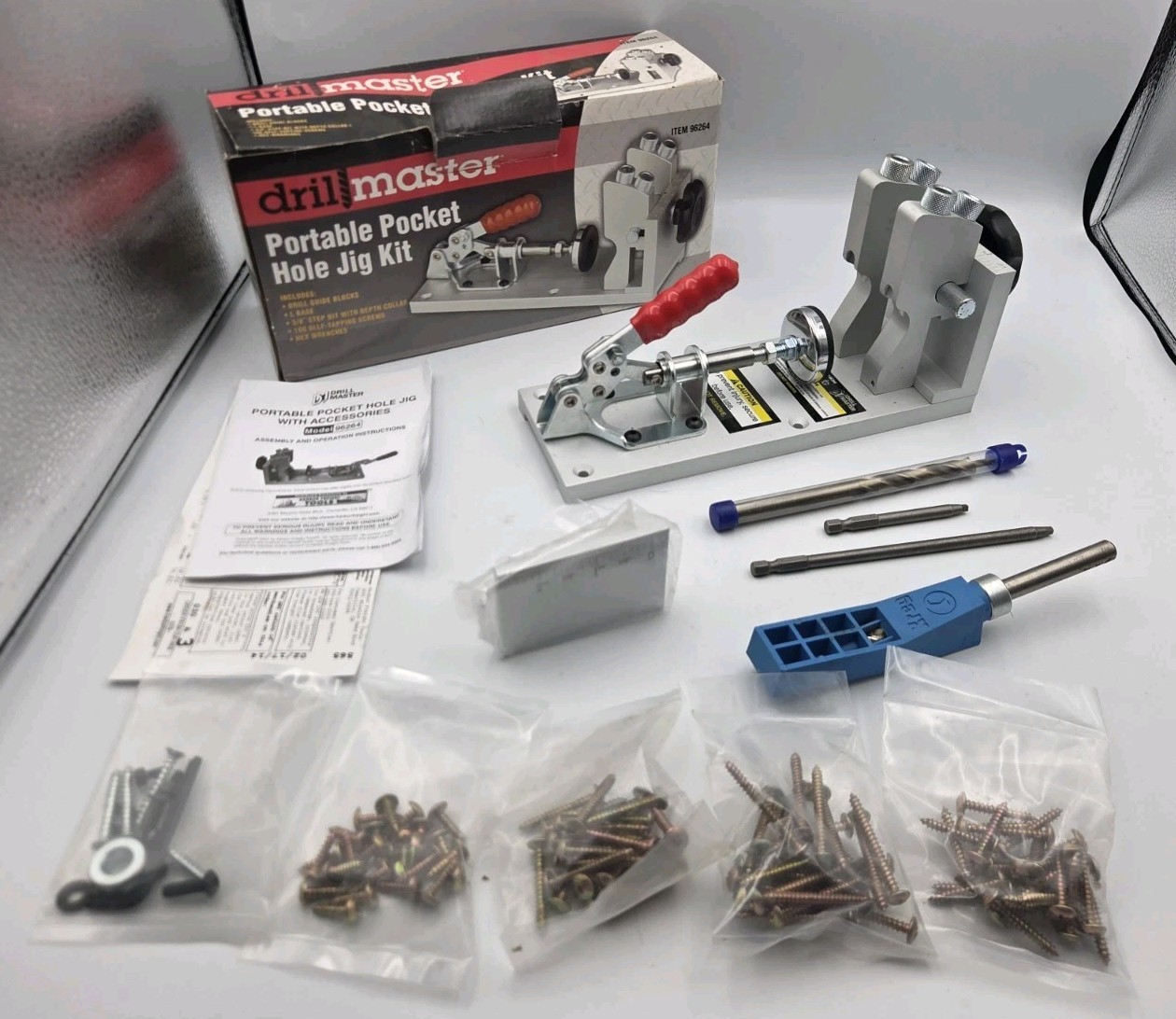 Drill Master 96264 Portable Metal Pocket Hole Jig Kit for Drill, Silver Red