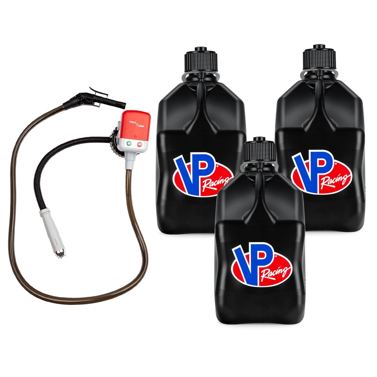 VP Racing 3582-CA, 5.5-Gal. Black Jug(3PK) w/Battery Powered Fuel pump(1PK)