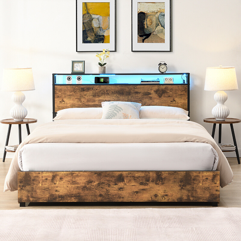 Queen Size Platform Bed Frame w/LED Headboard,Charging Station & 4 Large Drawers
