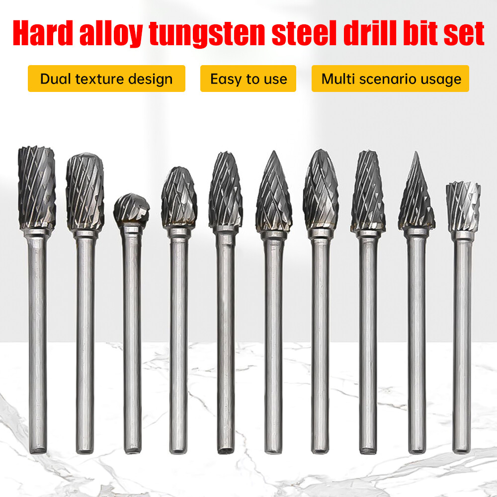10Pcs Tungsten Carbide Burrs Rotary Burr Set Head 1/8'' Shank Die Grinder Bit