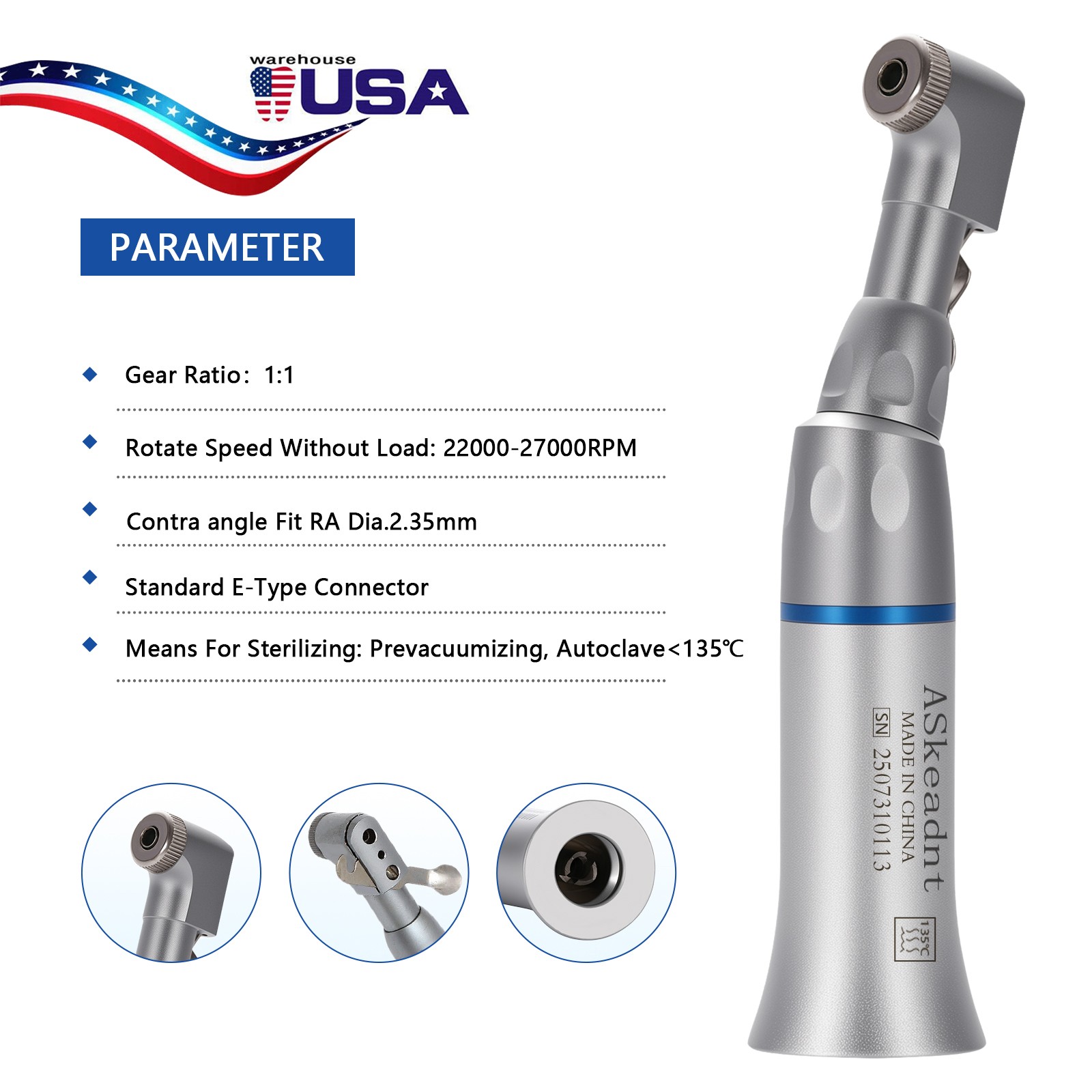 Dental Slow Low Speed Contra Angle Handpiece Latch Bur E-Type ASkeadnt AS