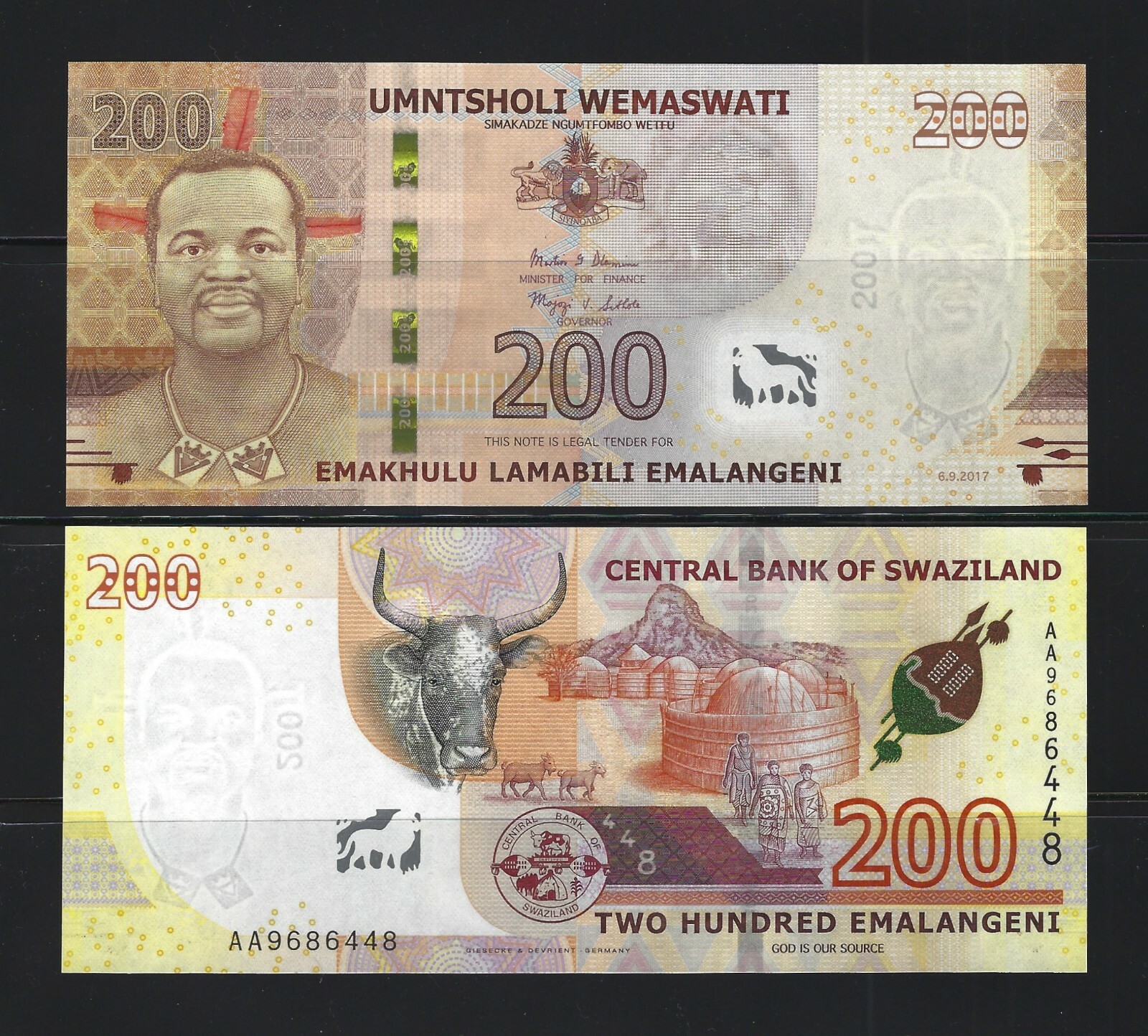SWAZILAND 200 Emalangeni 2017, P-43, Hybrid Note, AA Prefix, UNC, Highest Denom