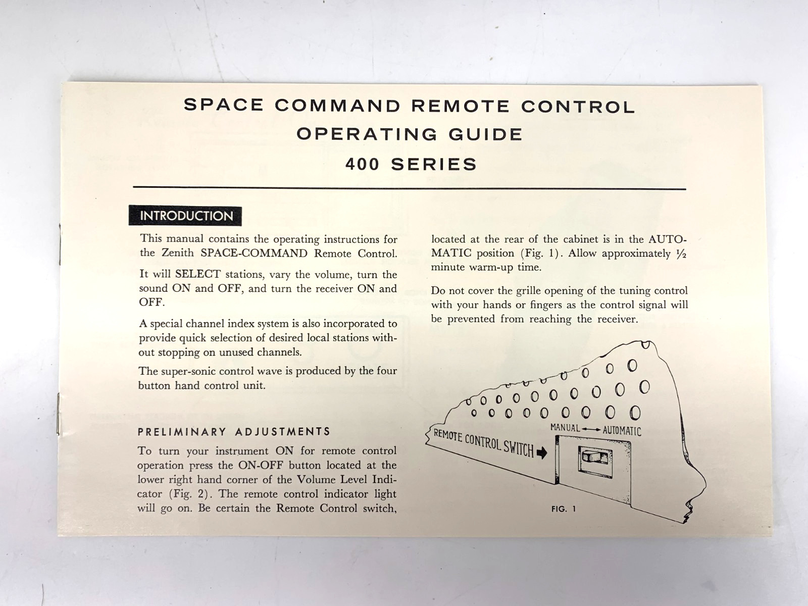 Zenith 1961 Space Command Remote Control 400 Series Operating Guide