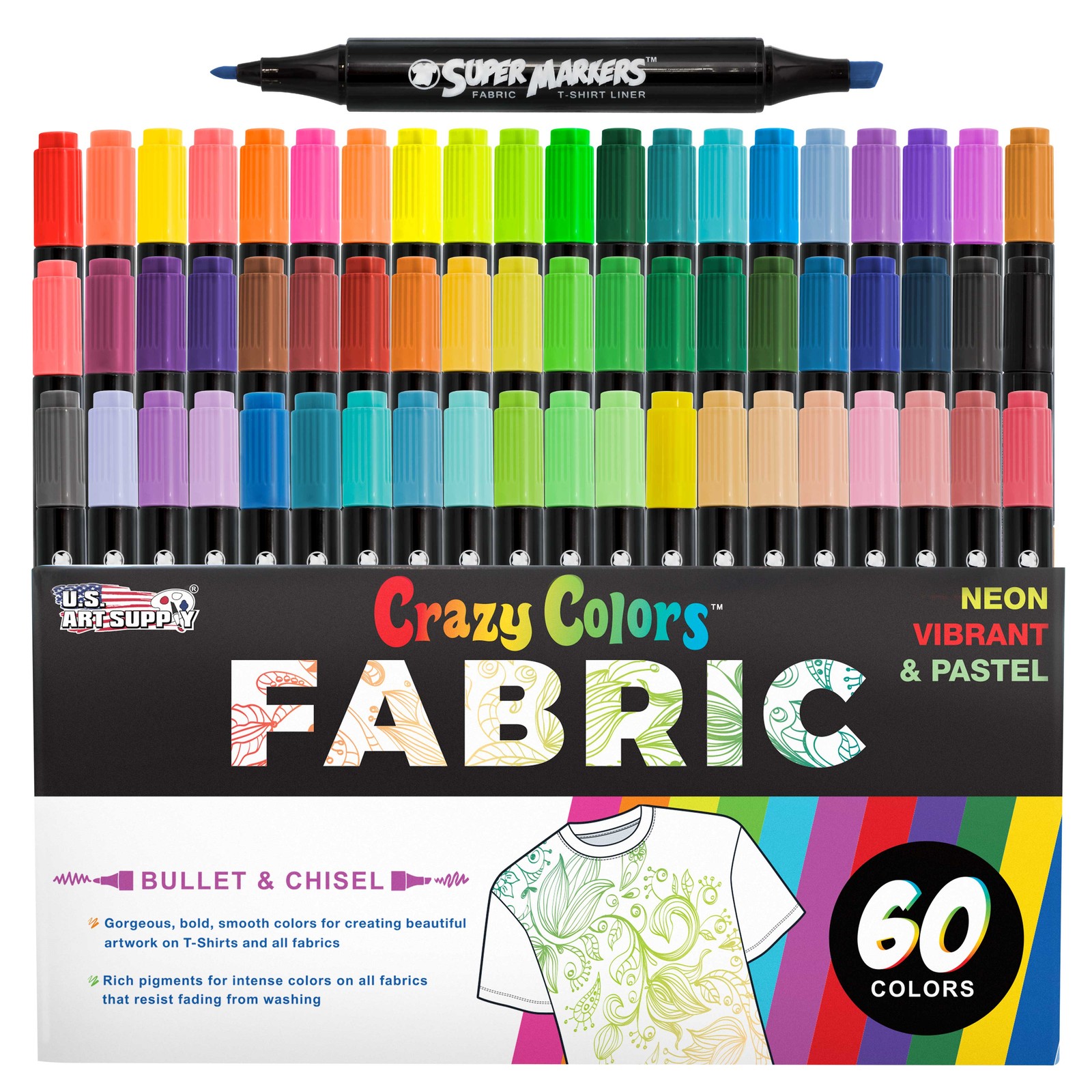 60 Super Markers Primary, Pastel, Neon Colors Dual Tip Fabric & T-Shirt Markers