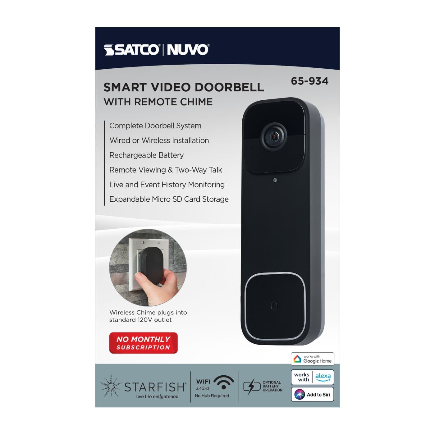 Satco 65-934 - Starfish Smart Black Doorbell Security Camera w/ Wireless Chime