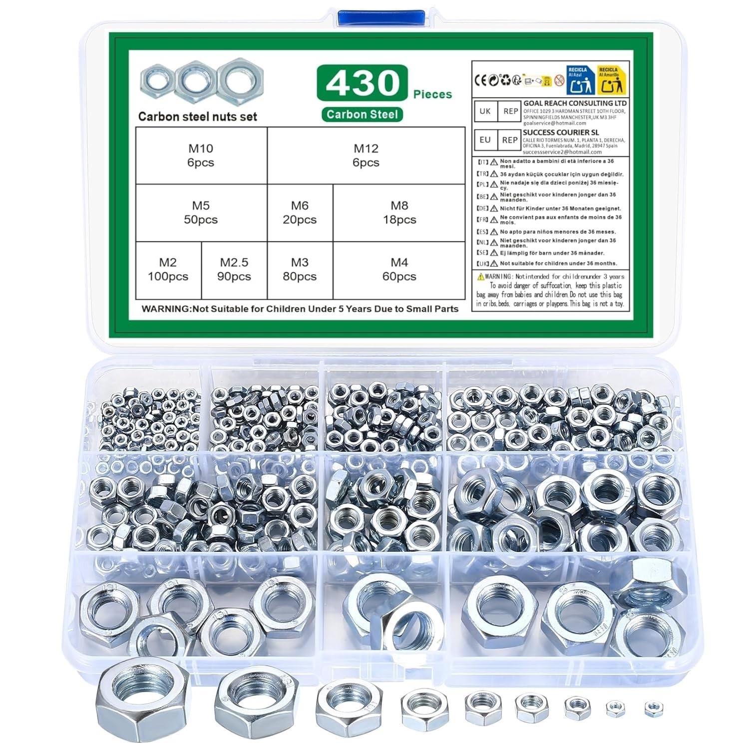 Metric Hex Nuts Assortment Kit, 430 Pcs Stainless Steel Hex Nuts Set, Hex Har...