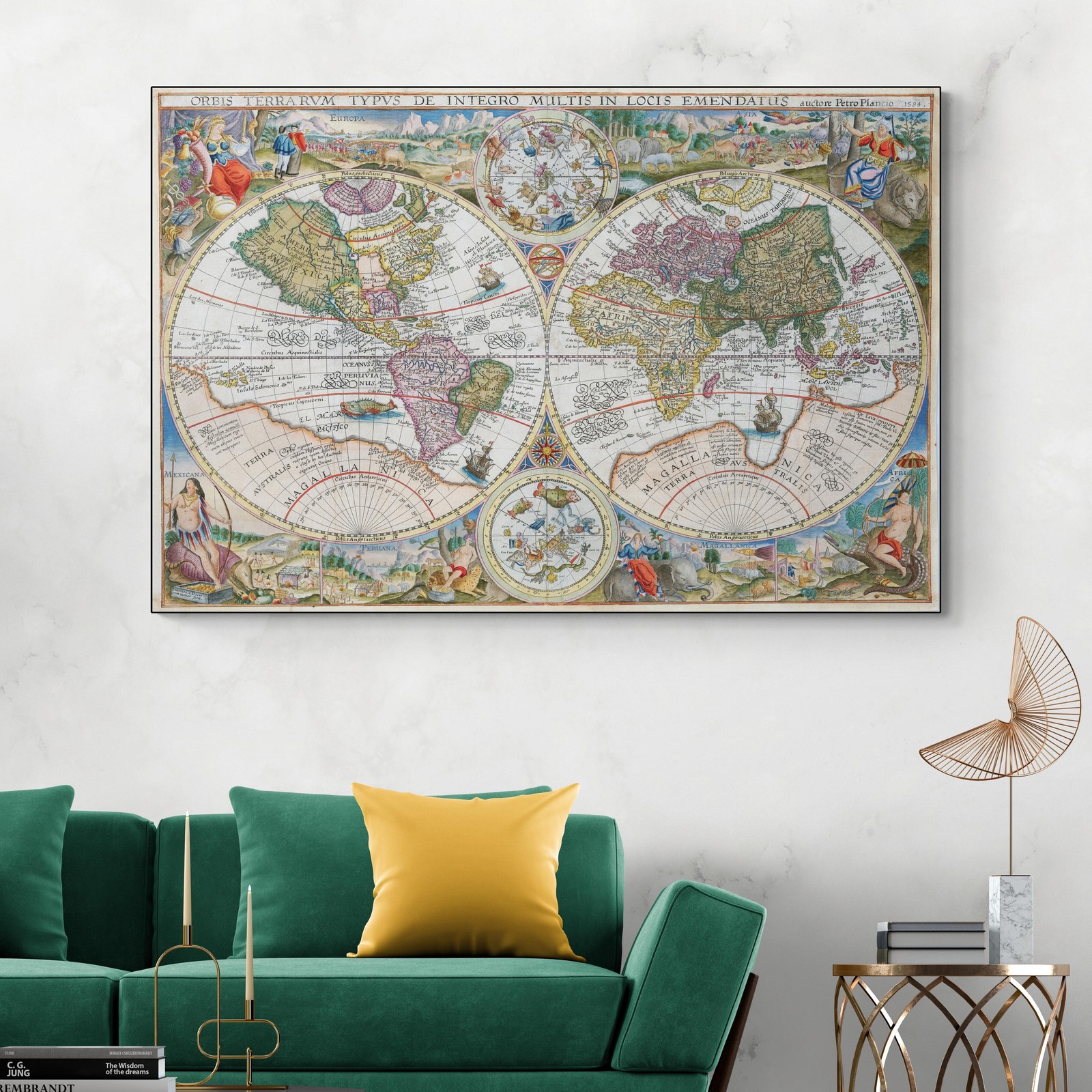 1594 Decorative World Map Renaissance Cartography Mythical Beasts & Sea Monsters