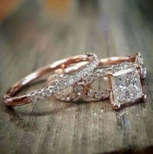 White Diamond 2.70 Ct Lab-Created Princess Cut Wedding Ring Set 14K Rose Gold FN