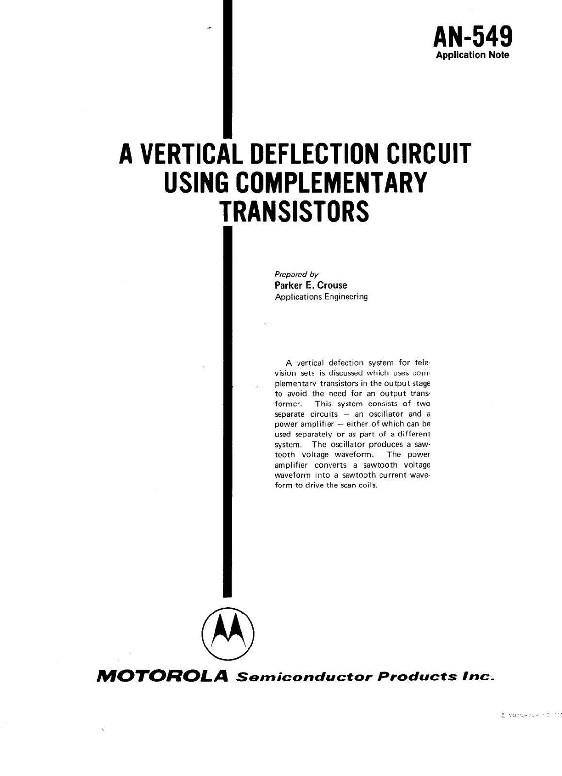 Motorola AN 549 A Vertical Deflection Circuit Using Complementary Transistors