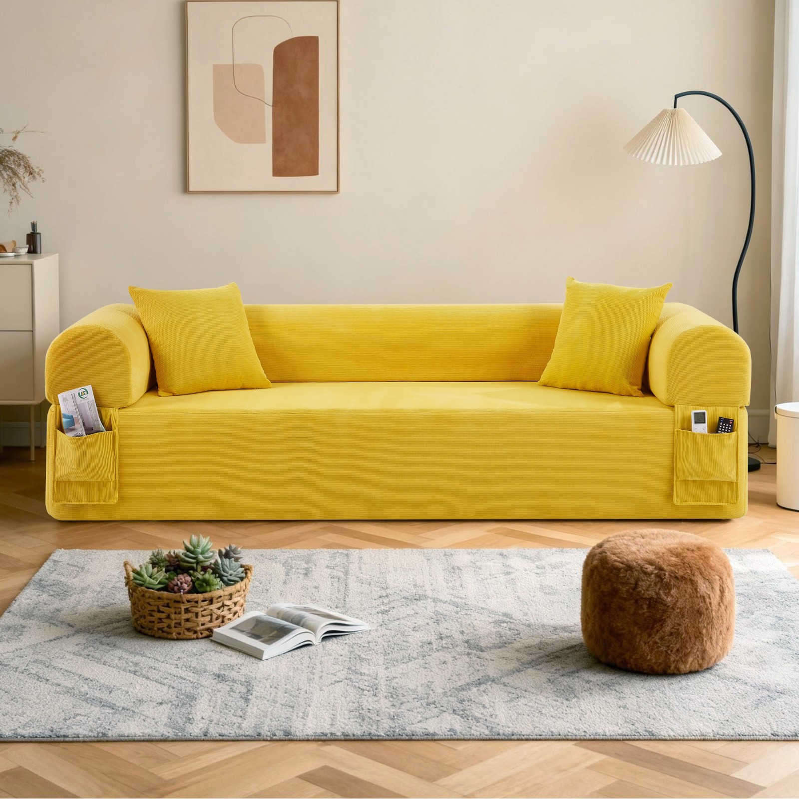2 in 1 Folding Convertible Sofa Bed, Boneless Compression Sofa with Side Pocket