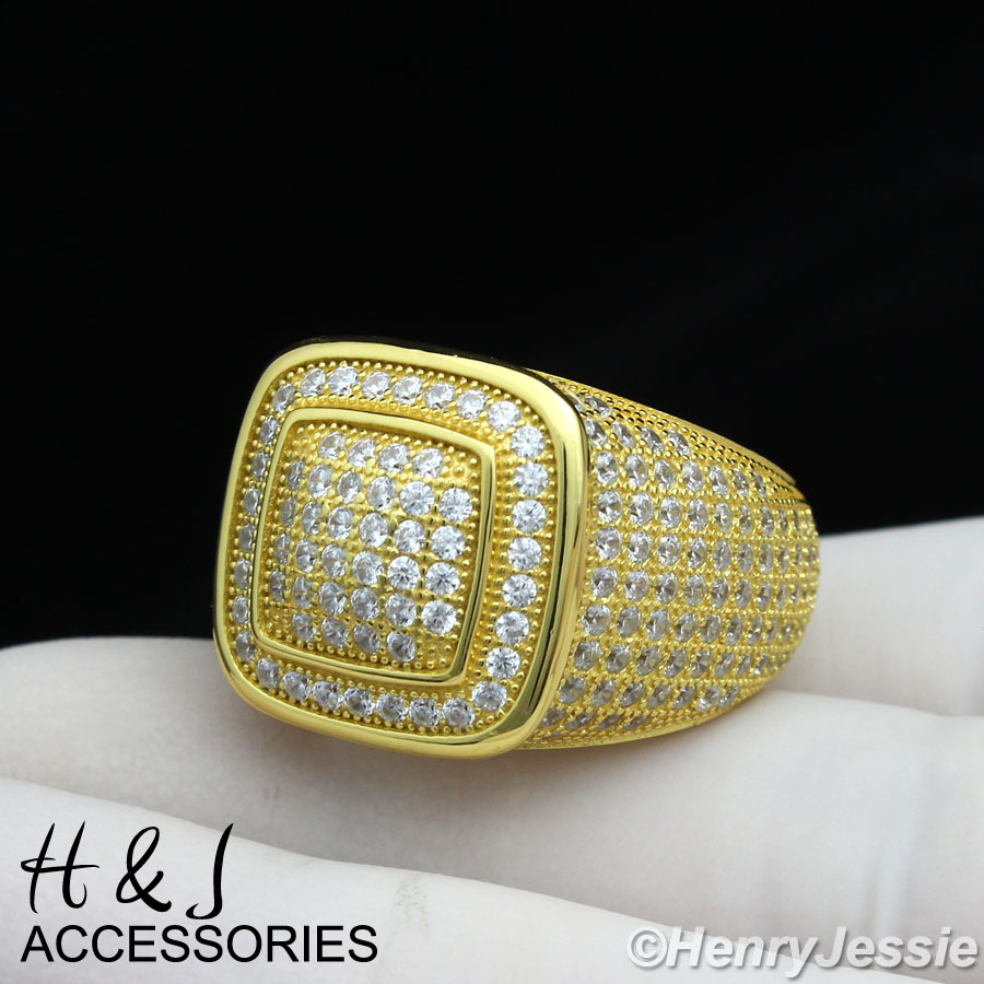 MEN 925 STERLING SILVER FULL ICY CZ GOLD PLATED SQUARE RING*AGR52