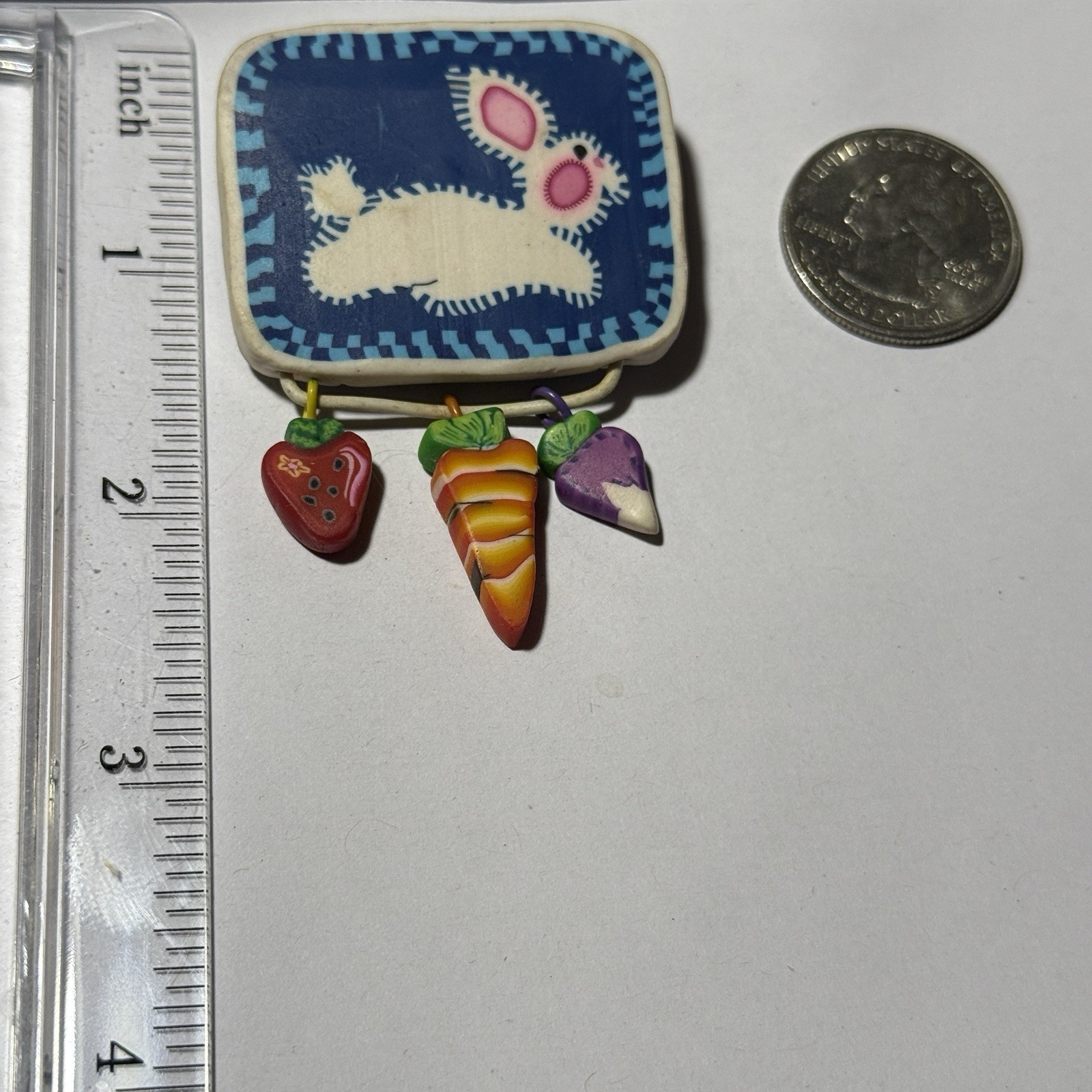 Easter Holiday Rubber? Plastic Clay Bunny & 3 Charms Pinback