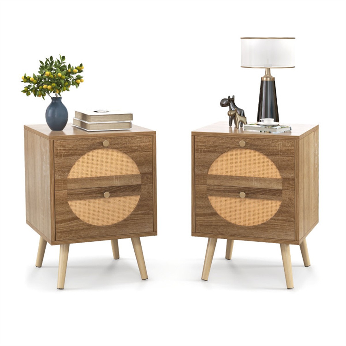 Set of 2 Boho Rattan 2 Drawer Nightstand Natural Pine Wood Bedroom Furniture