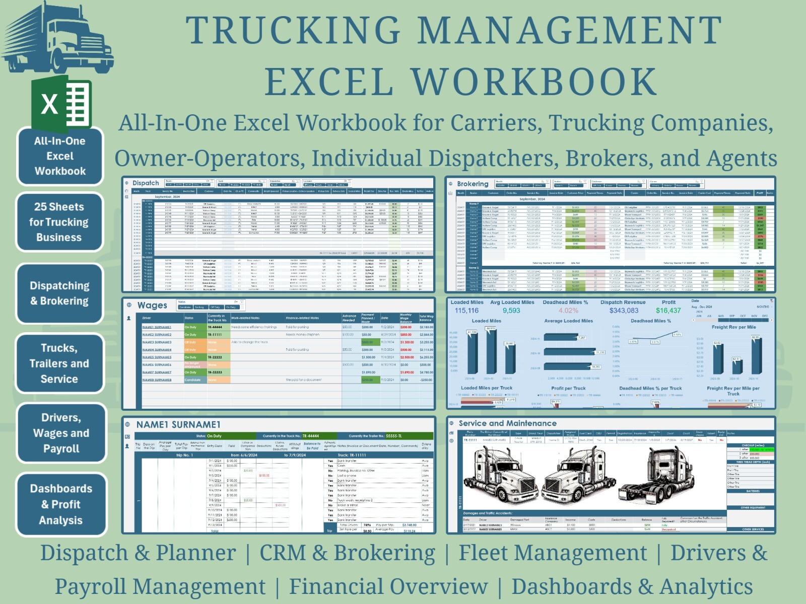 All-in-One Trucking Management Excel Workbook for Trucking Business, Dispatchers