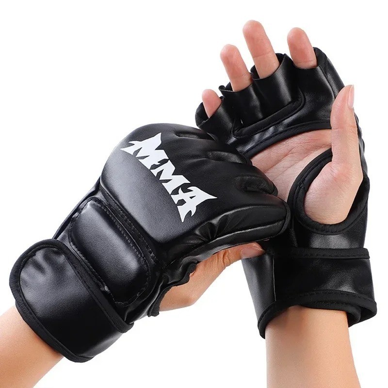 Half Finger Boxing Gloves Leather MMA UFC Training Bag Mitts Adult