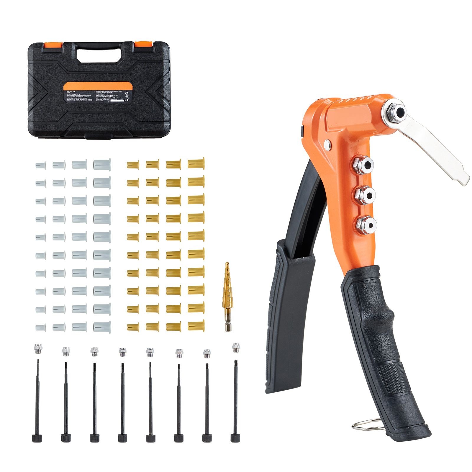 Rivet Nut Tool Kit with 8 Mandrels, 80 Nuts, Step Drill Bit & Case