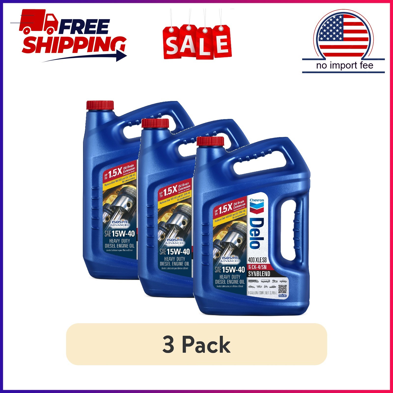 (3 pack) Delo 400 XLE SB Synthetic Blend SAE 15W-40 Heavy-Duty Diesel Motor Oil