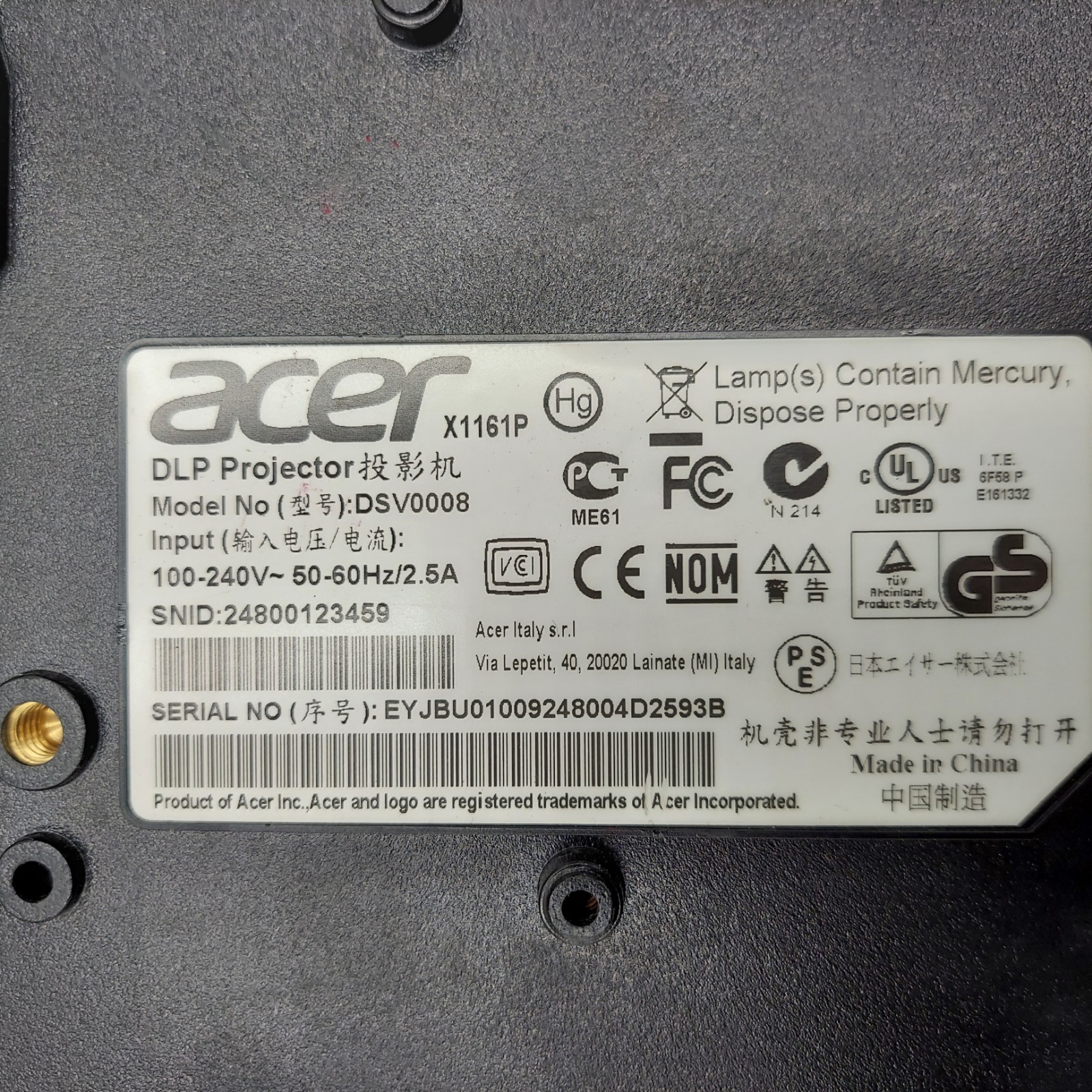 Acer X1161P DLP DSV0008 Projector