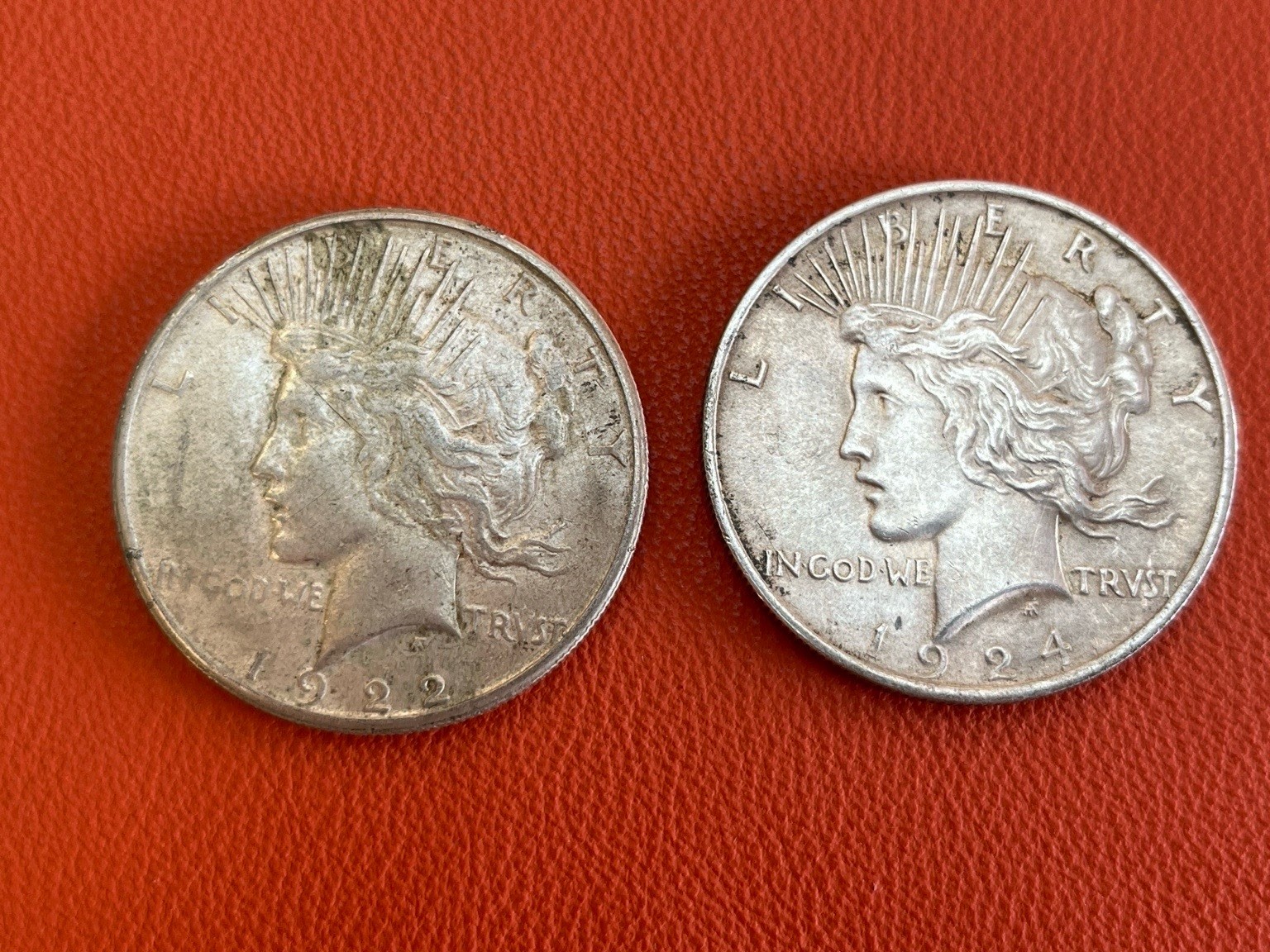 1922 & 1924 Peace Silver Dollars $1 Coin Lot 90% Silver Better Grade U.S. Coins