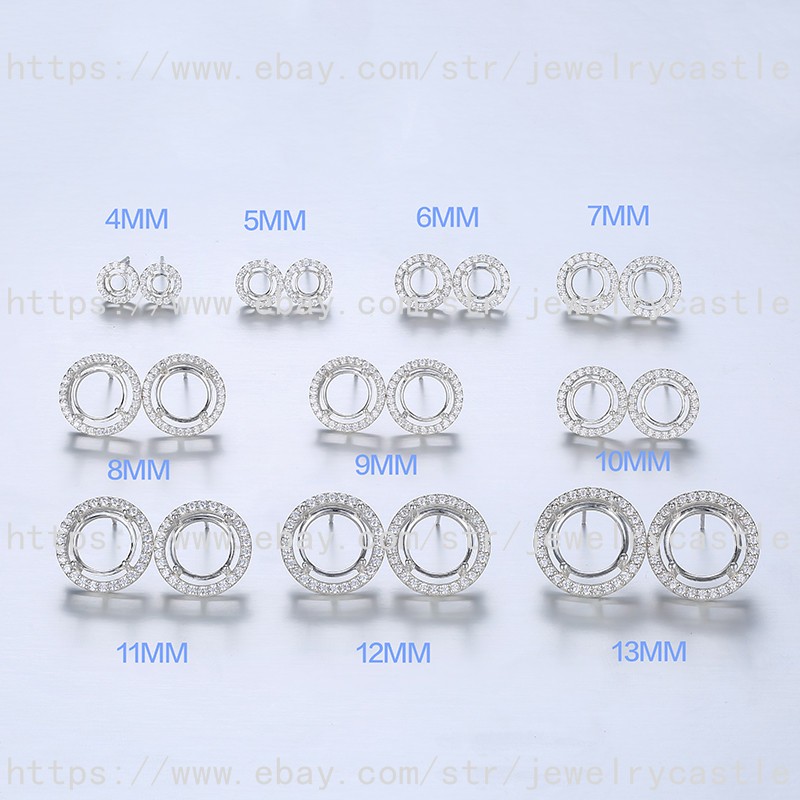 Pre Notched 925 Sterling Silver Earrings 4-13mm Round Semi-Mount 4 Prong Setting