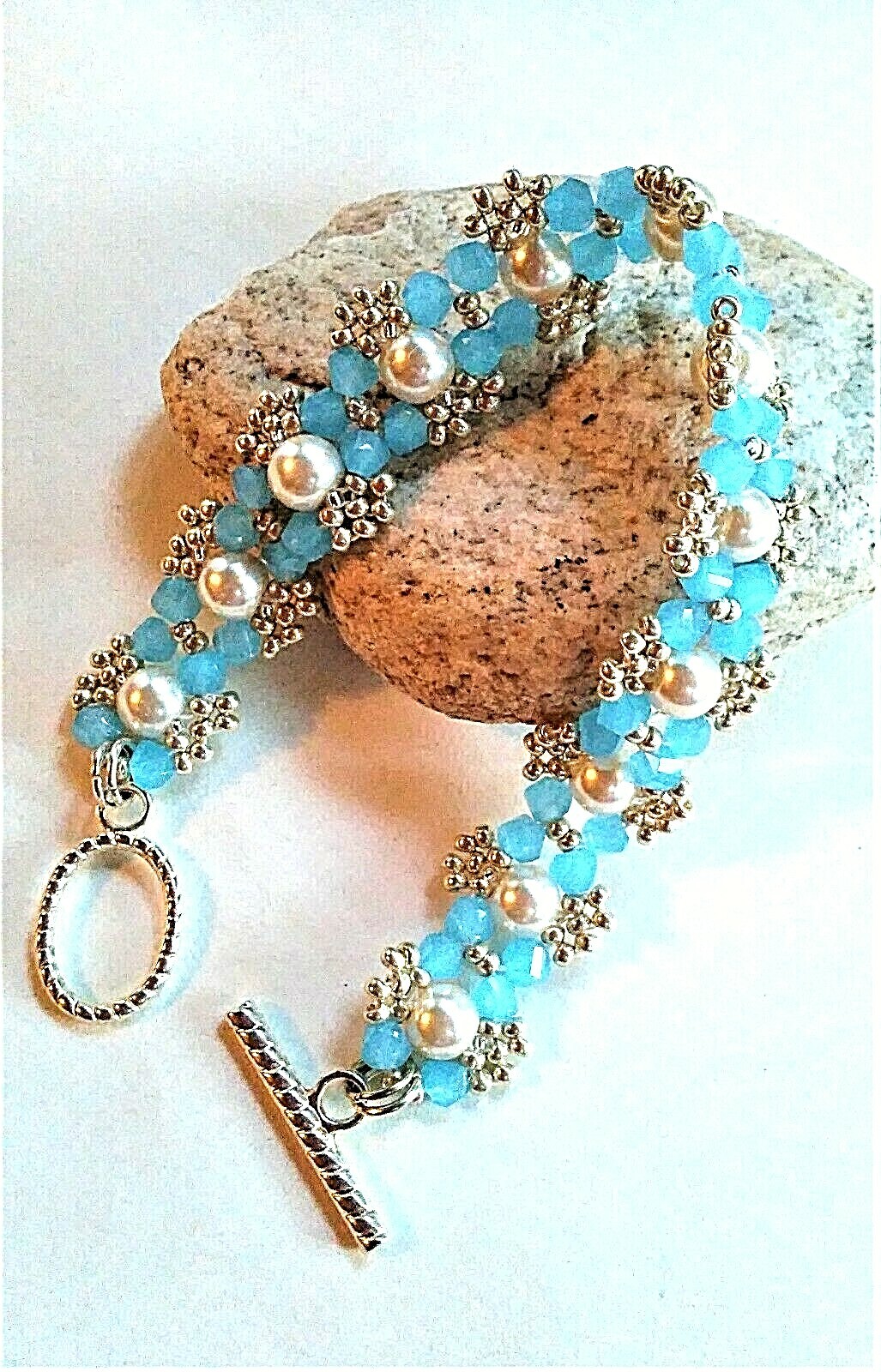 Handmade Aqua Blue White Pearl Beaded Bracelet
