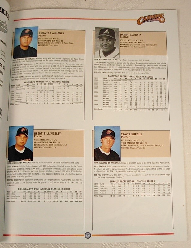 CALGARY CANNONS FLORIDA MARLINS 1999 BASEBALL PROGRAM DANNY BAUTISTA