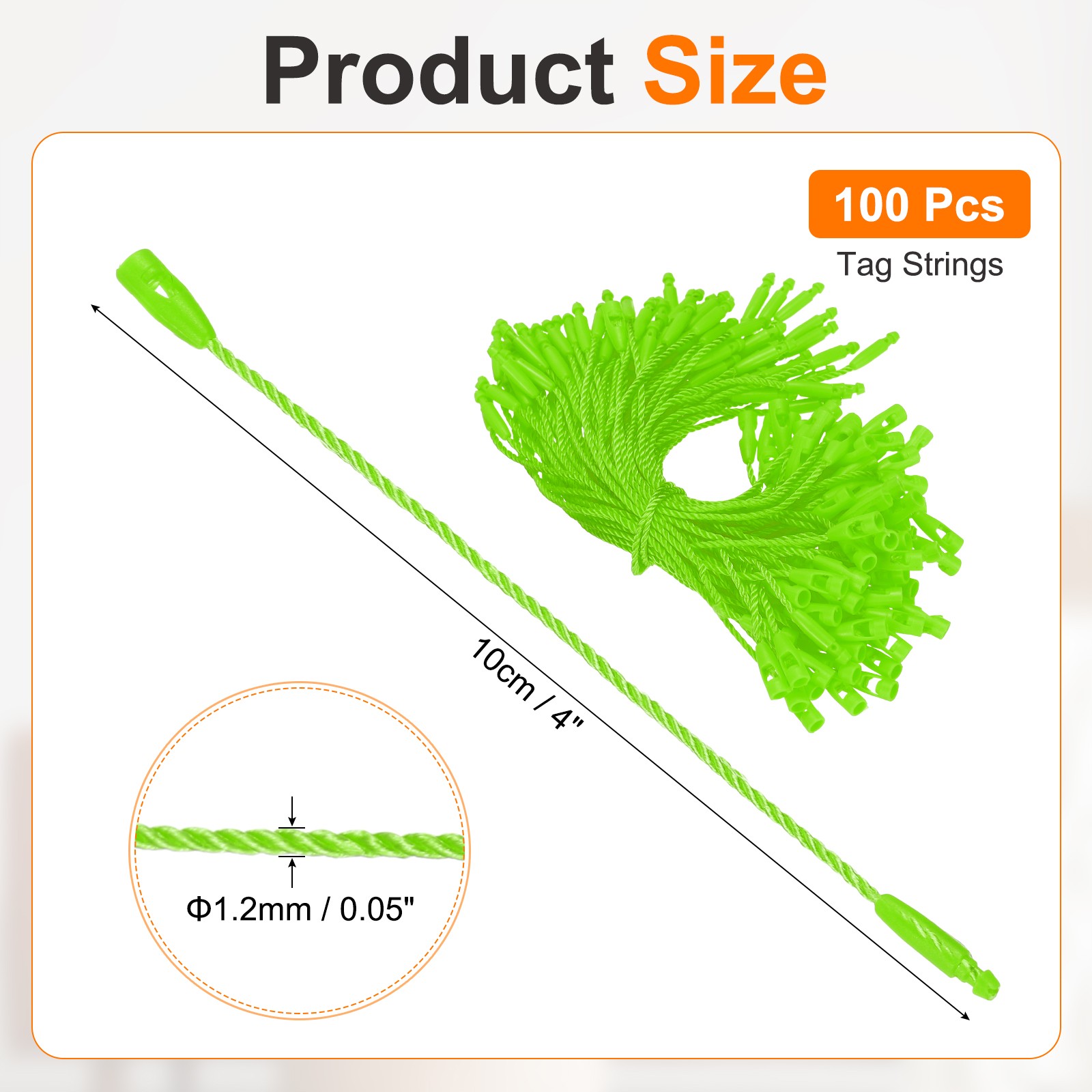 100 Pcs Polyester Hang Tag String 4" Snap Lock Pins Loop Fastener, Bright Green