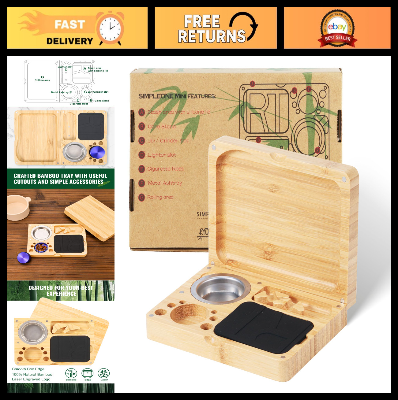 Magnetic Lid Rolling Tray - Durable Bamboo Organizer with Storage, Easy to Clean