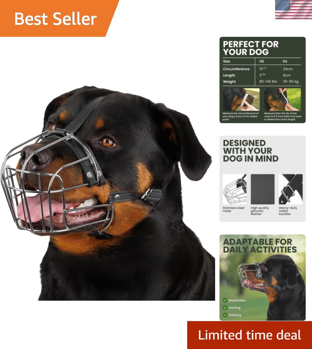 Dog Muzzle Adjustable Durable Metal Wire Basket for Large and Extra Large Dog...