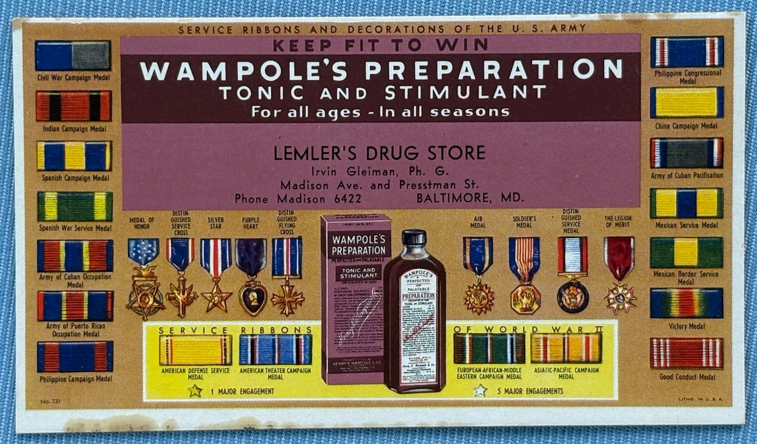 Wampole's Tonic & Stimulant Medicine Blotter Baltimore MD WWII US ARMY Ribbons