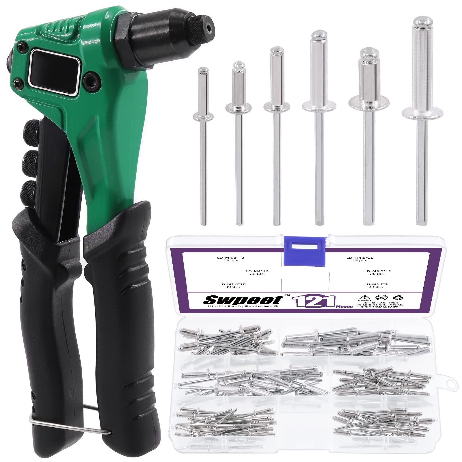 Swpeet 121Pcs 3/32" 1/8" 5/32" 3/16" - M2.4/3.2/4/4.8 Rivets with Aluminum...