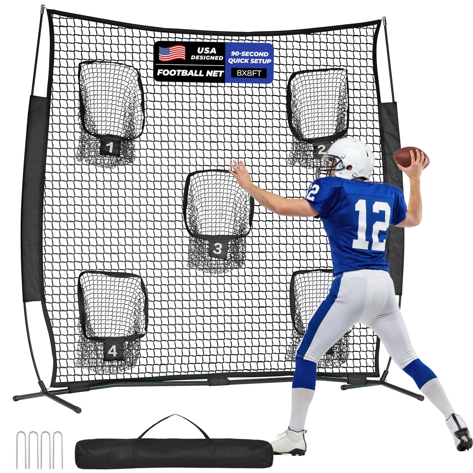 7x7ft/8x8ft Football Throwing Net, Quarterback Training Equipment with 5 Targ...