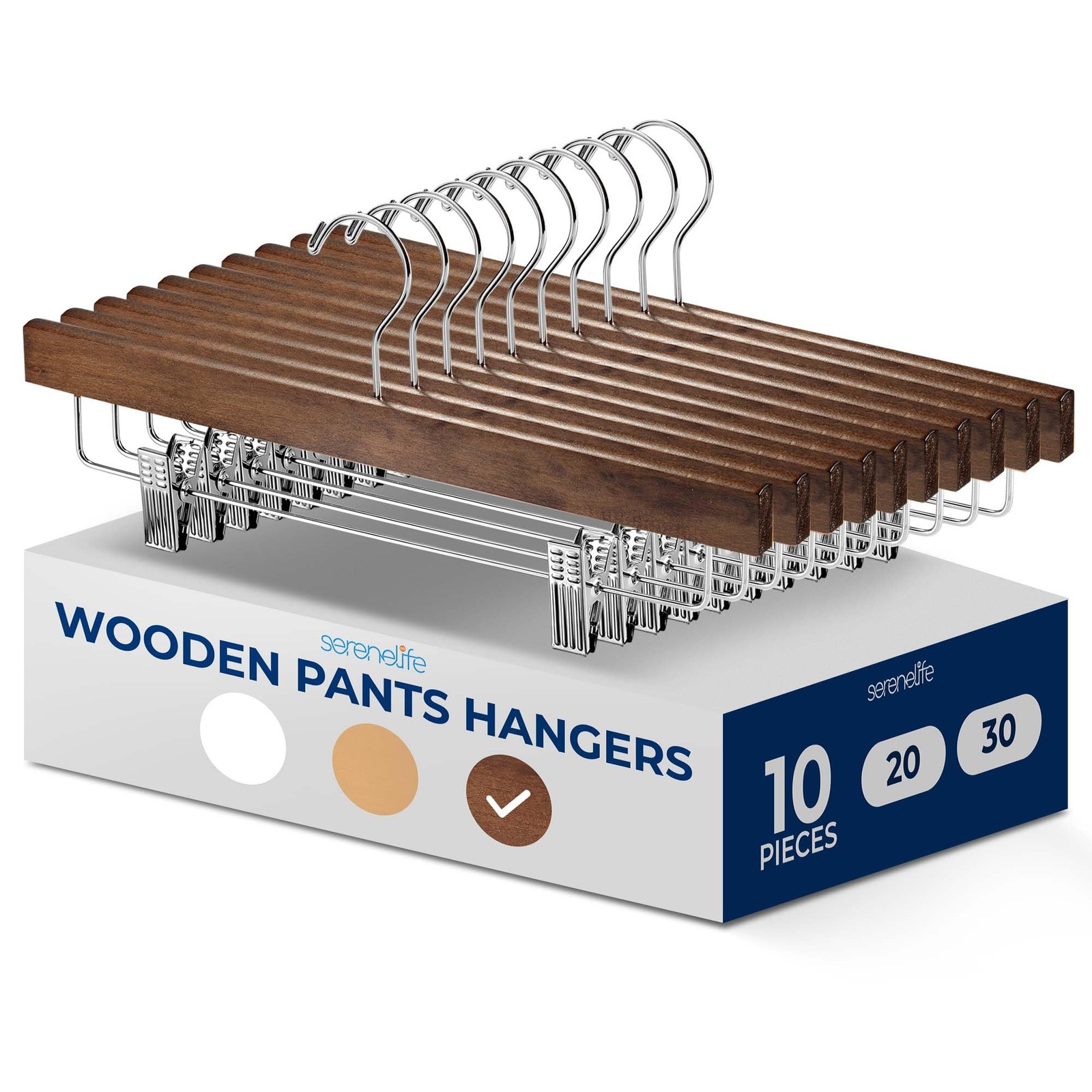 SereneLife 10 Pack Wooden Pants Hangers with Clips – Retro Brown