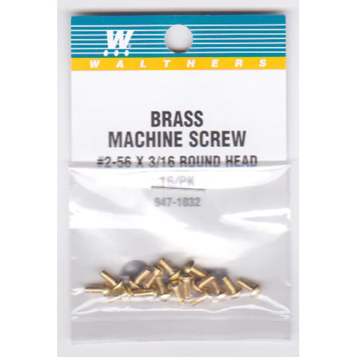 Walthers 947-1032 #2-56 Brass Round Head Machine Screws 3/16 x .086" (16)'