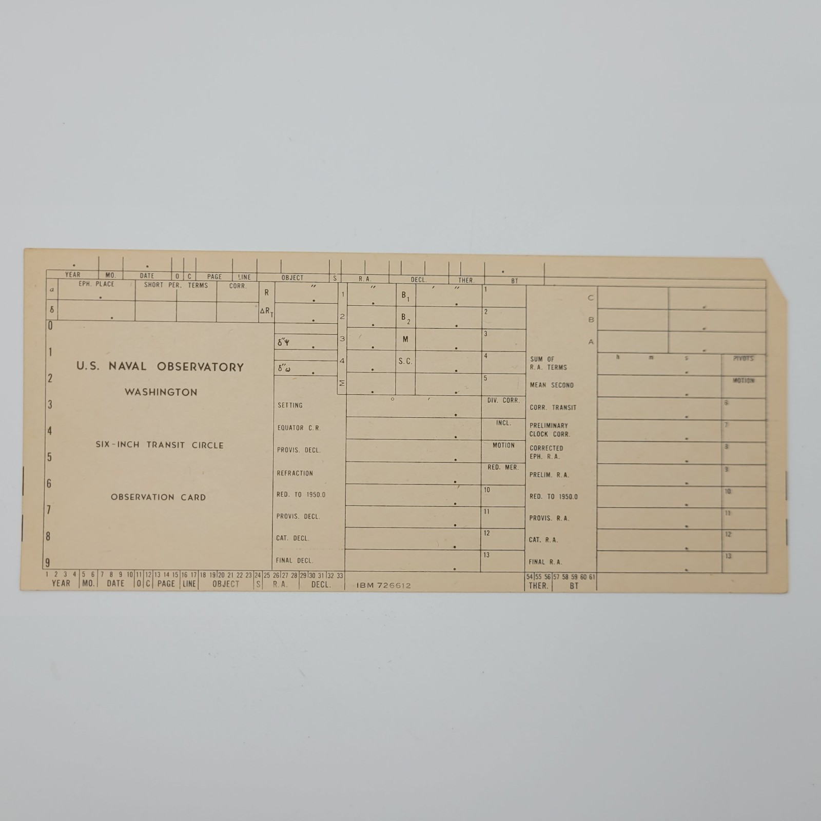 Astronomy Observation Punch Card Vintage US Naval Observatory Transit Circle IBM