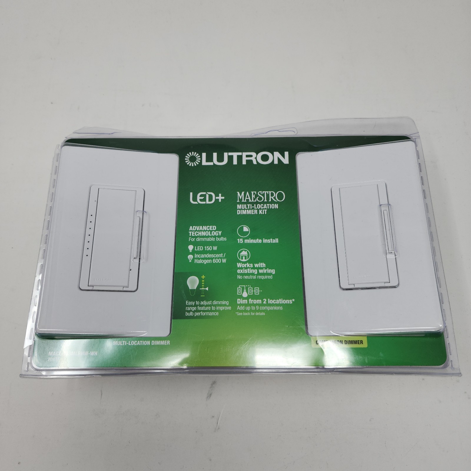 New Lutron MACL-153MLRHW-WH Maestro Dimmer Kit 2 Pack White LED+