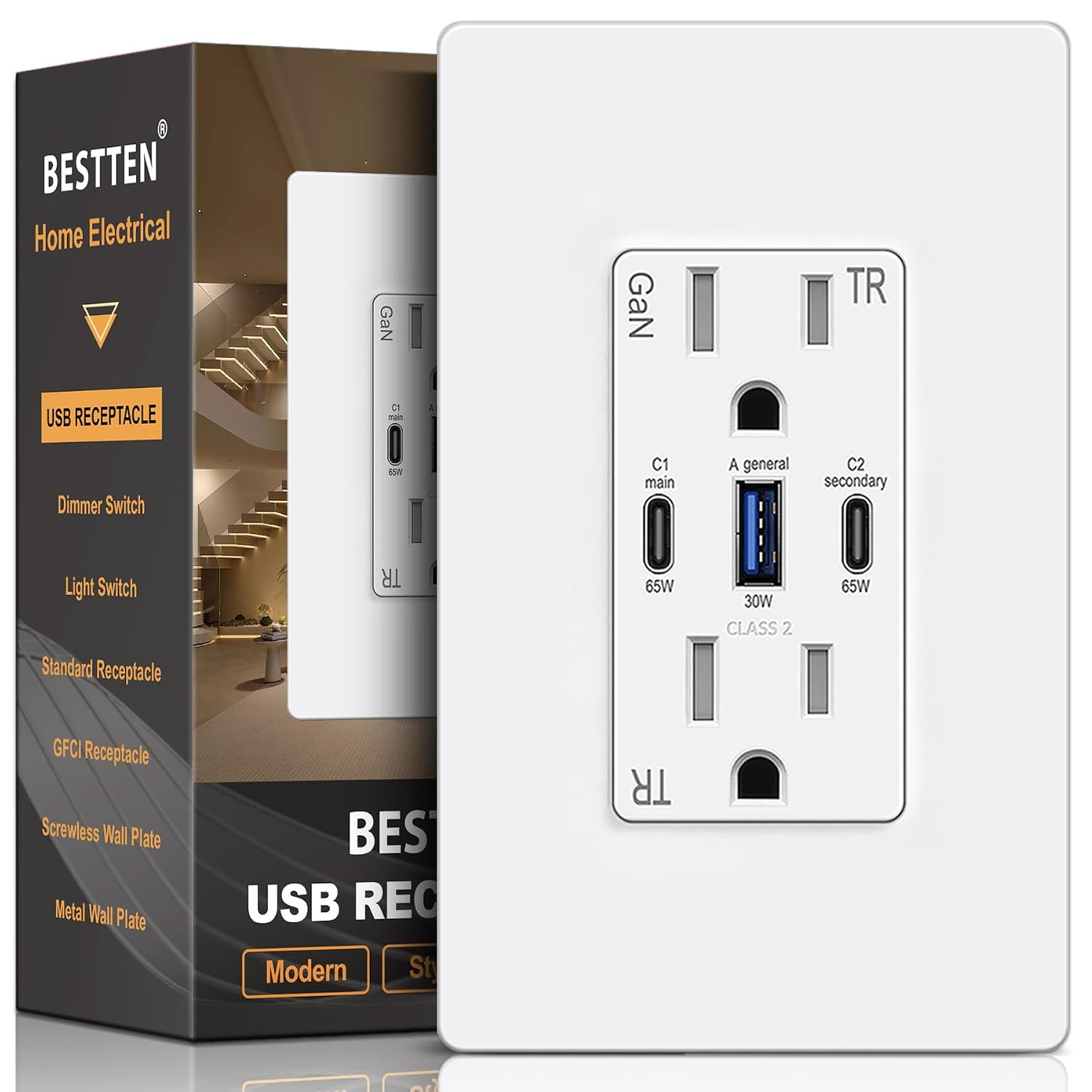 Gan 65W USB C Wall Outlet for Laptop, 3-Port USB Outlet with 15A Tamper-Resistan