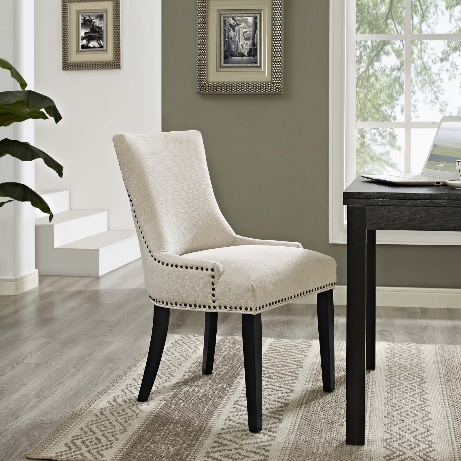 Maklaine 20.5" Solid Rubberwood and Fabric Dining Chair in Beige