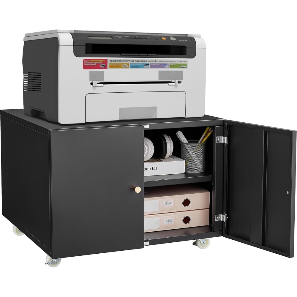 Sturdy Steel Printer Table with Storage & Adjustable Shelf on Wheels for Offices