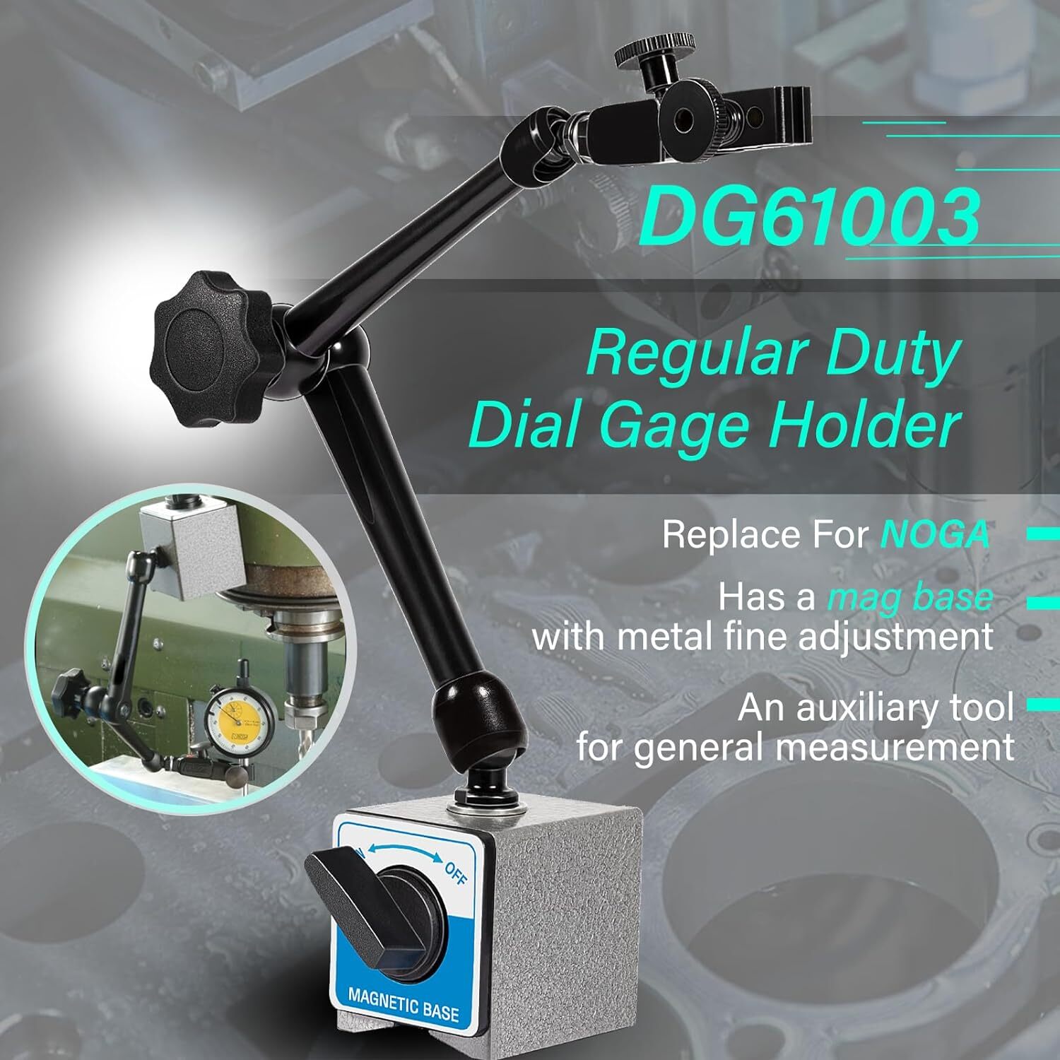 DG61003 Dial Gage Test Indicator Holder Magnetic Base 176lb Fine Adjust for Noga