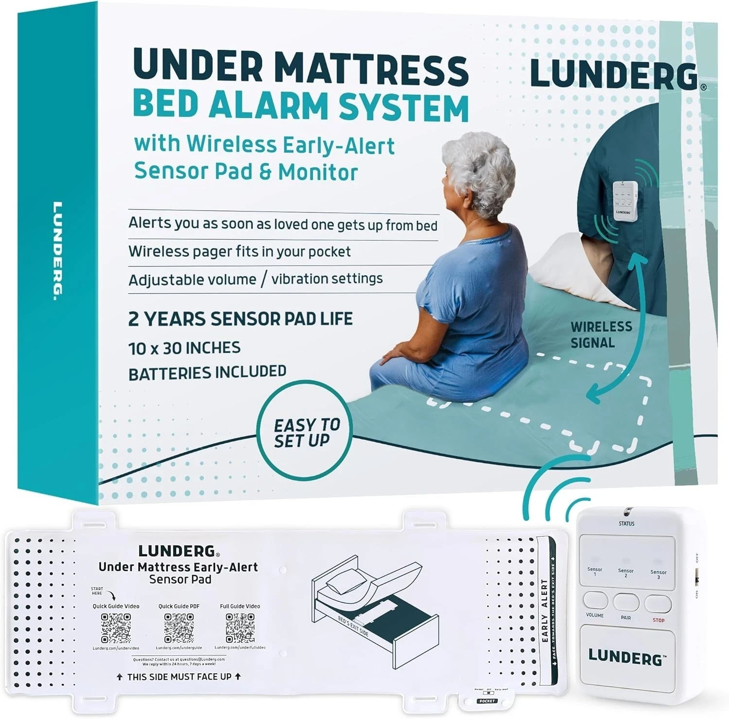 Lunderg Under Mattress Bed Alarm for Elderly Adults - Wireless Sensor Pad
