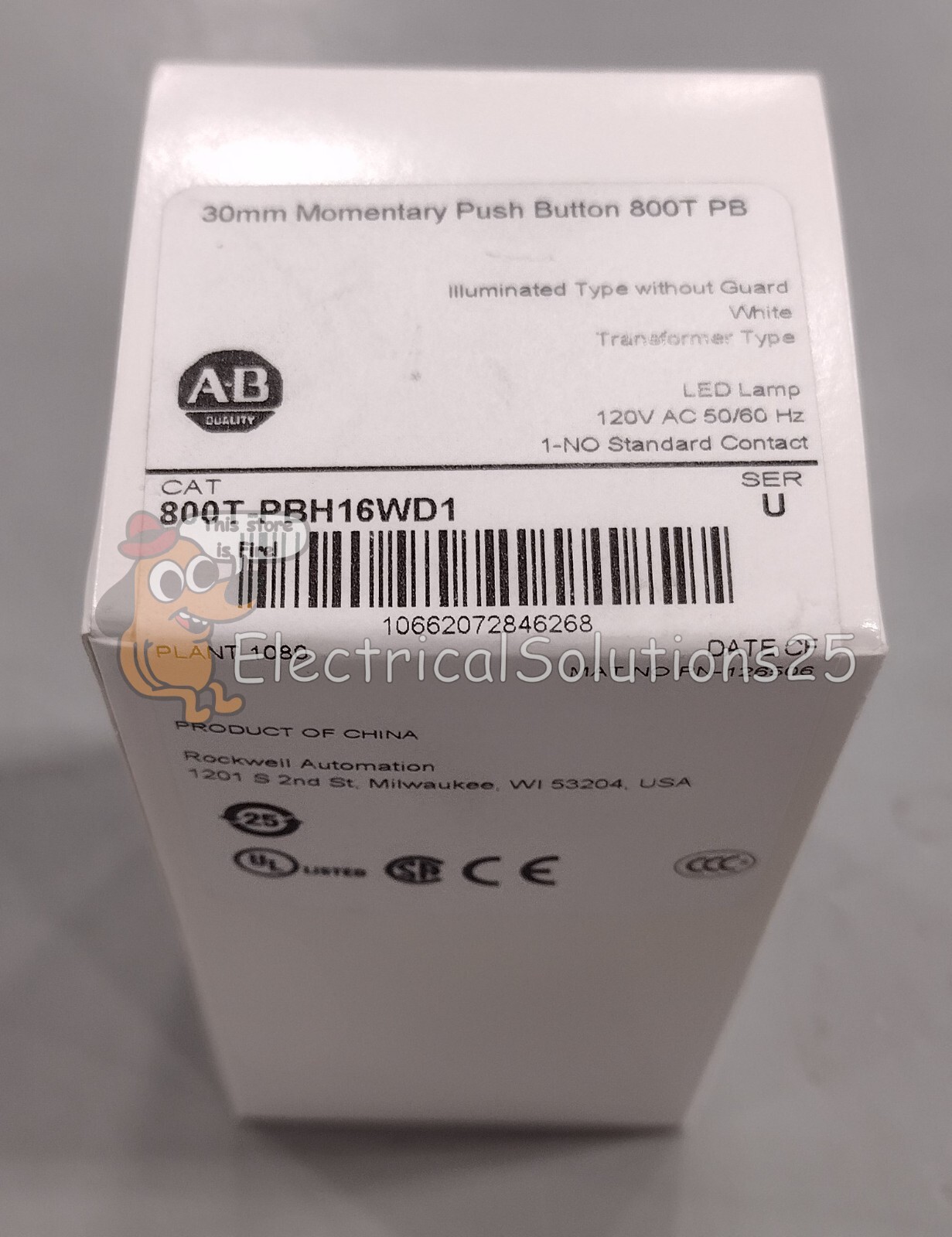 New Allen-Bradley 800T-PBH16WD1 White LED 120VAC Push Button - Free Shipping