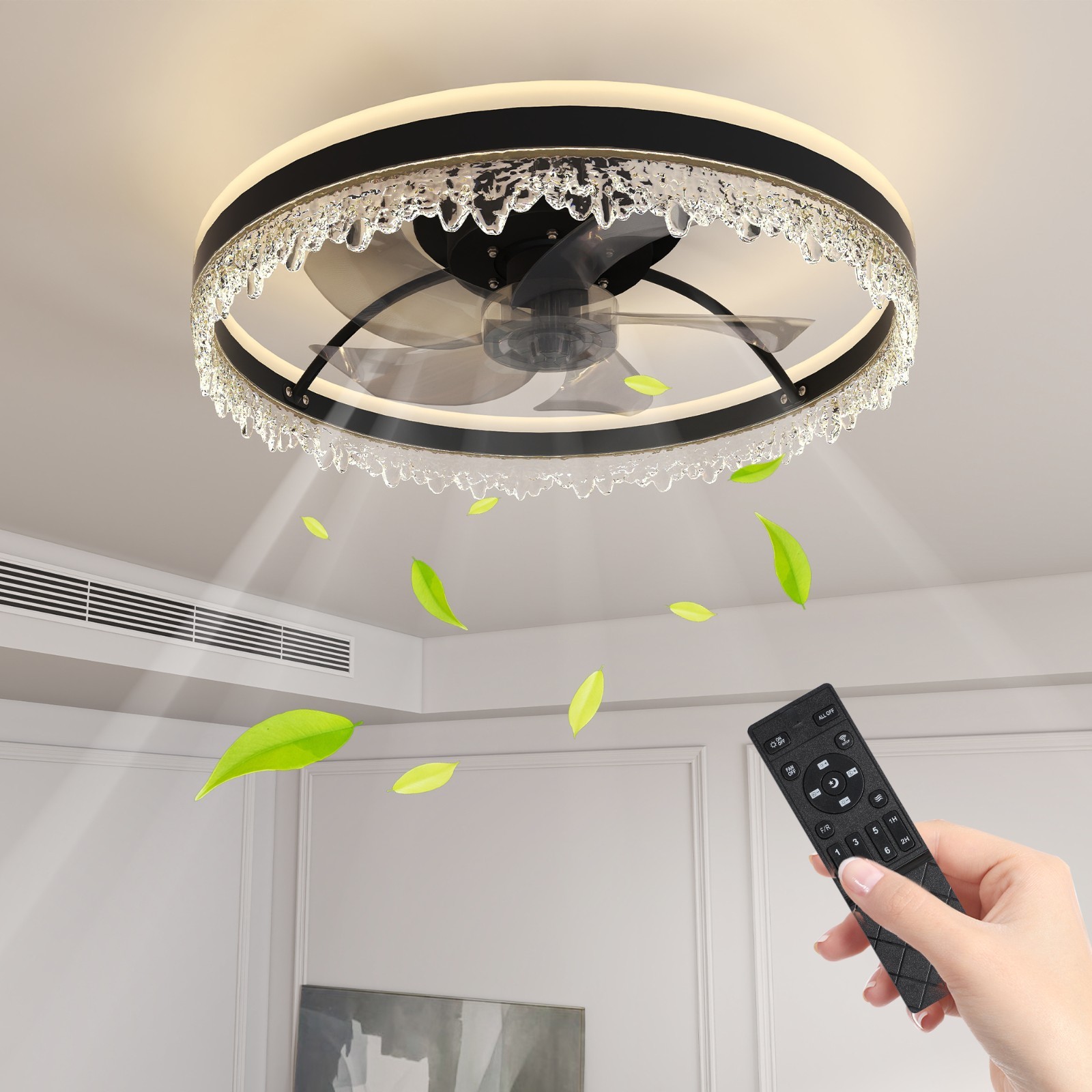 20" Smart Black Ceiling Fan Light – Silent, Reversible for Bedroom
