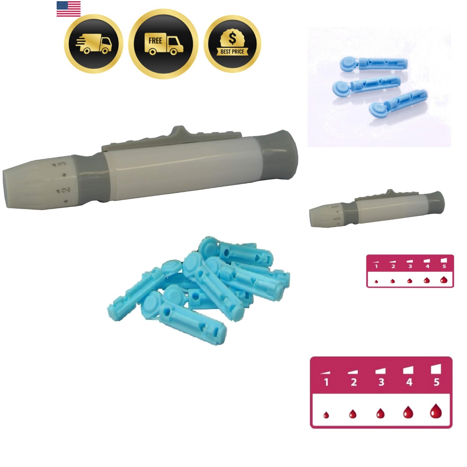 Lancing Device & 100 x 28 Gauge Twist Top Lancets, Blood Sampling Pen, 5 Dept...
