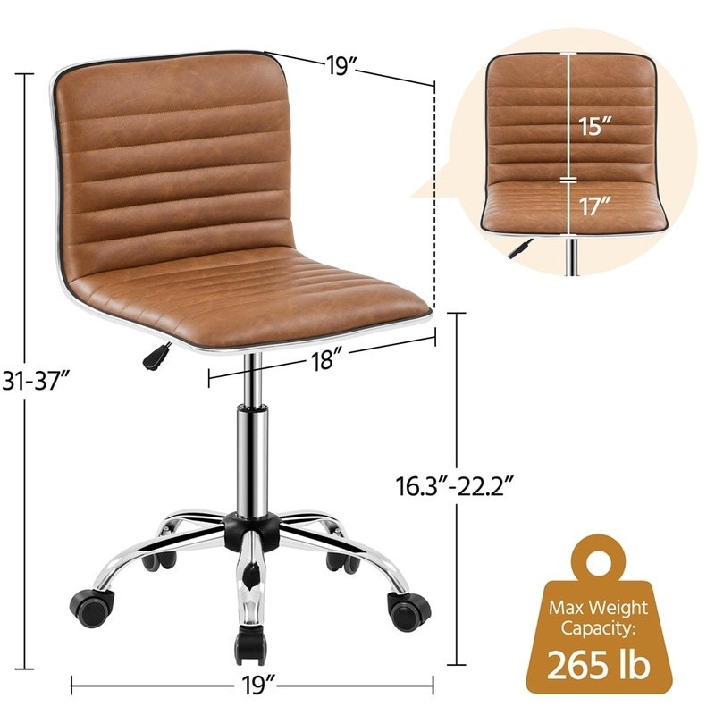 Armless PU Leather Office Chair W/ Wheels Adjustable Height Modern Task Chair US