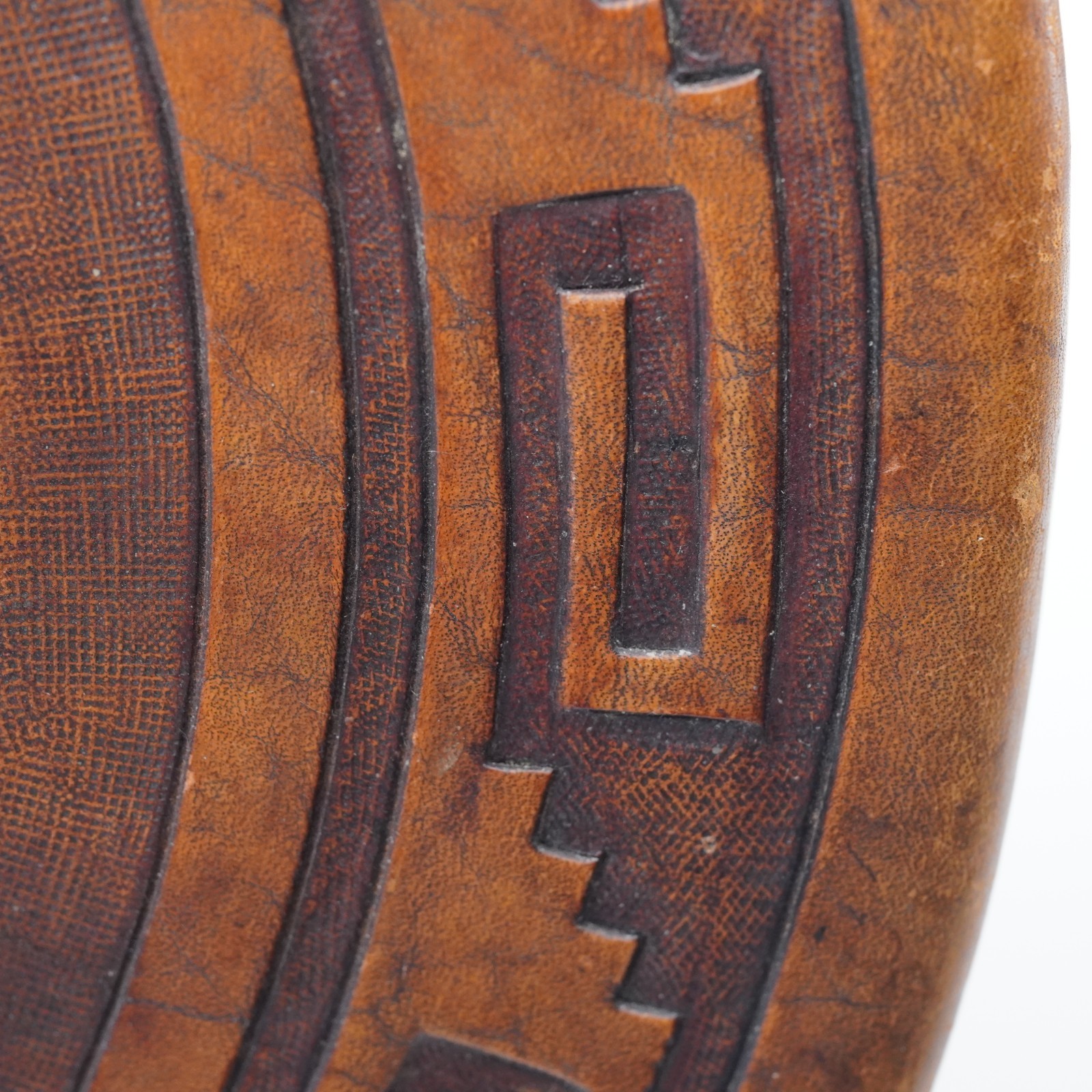 Hand Tooled Leather Top Wooden Stool Ottoman Ethnic Peru Mayan Aztec Warrior