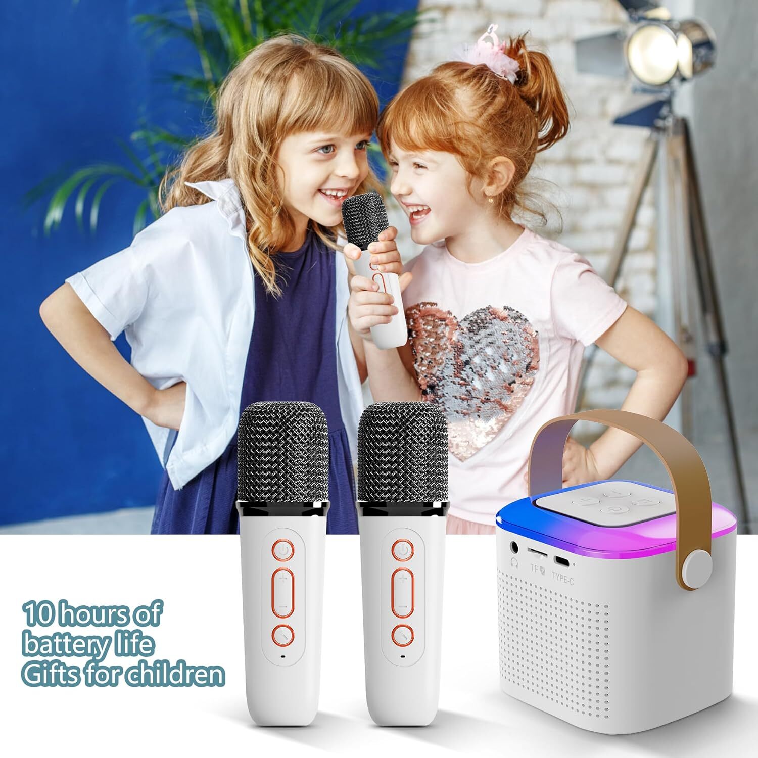 Mini Kids Karaoke Machine Portable Bluetooth Speaker with 2 Wireless Microphone